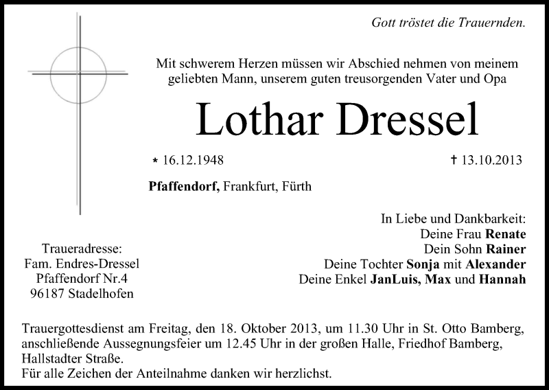  Traueranzeige für Lothar Dressel vom 15.10.2013 aus MGO
