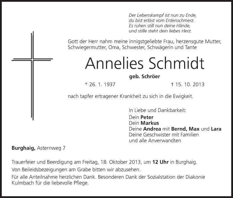  Traueranzeige für Annelies Schmidt vom 16.10.2013 aus MGO