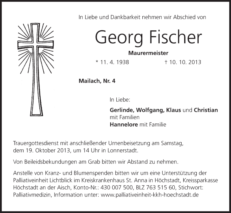  Traueranzeige für Georg Fischer vom 17.10.2013 aus MGO
