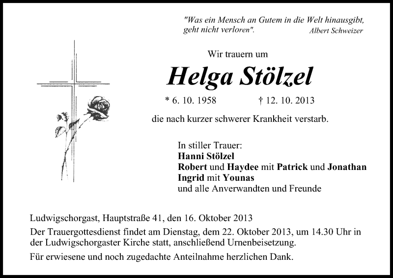  Traueranzeige für Helga Stölzel vom 16.10.2013 aus MGO