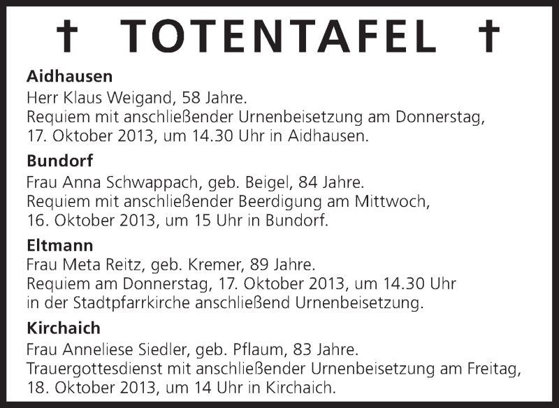  Traueranzeige für Totentafel vom 16.10.2013 vom 16.10.2013 aus MGO