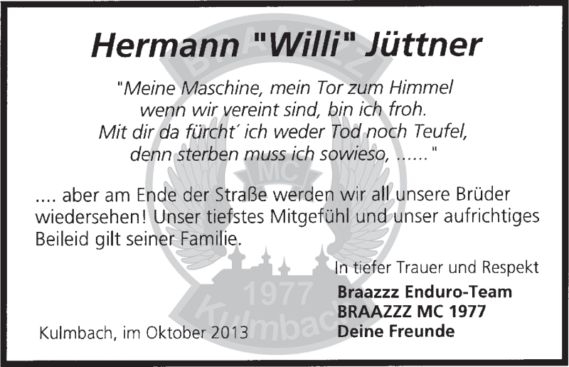  Traueranzeige für Herman Jüttner vom 16.10.2013 aus MGO
