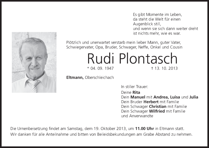  Traueranzeige für Rudi Plontasch vom 17.10.2013 aus MGO
