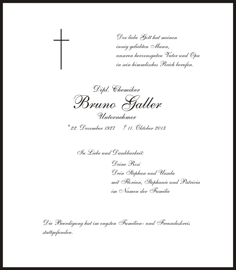  Traueranzeige für Bruno Galler vom 17.10.2013 aus MGO