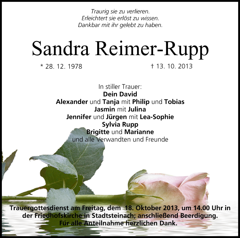  Traueranzeige für Sandra Reimer-Rupp vom 17.10.2013 aus MGO