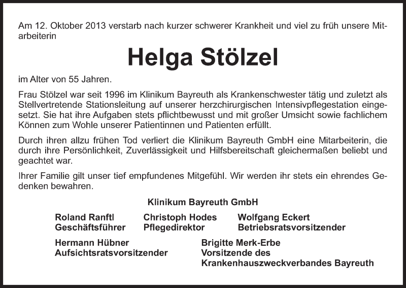 Traueranzeige für Helga Stölzel vom 17.10.2013 aus MGO