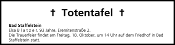 Anzeige von Totentafel vom 17.10.2013 von MGO