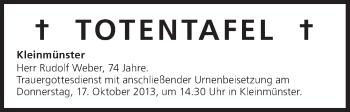 Anzeige von Totentafel vom 17.10.2013 von MGO