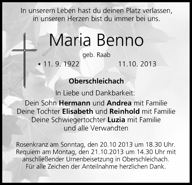  Traueranzeige für Maria Benno vom 19.10.2013 aus MGO