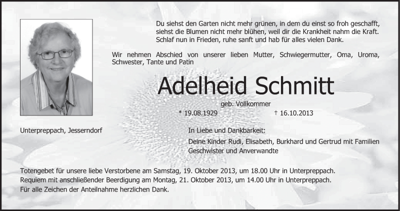  Traueranzeige für Adelheid Schmitt vom 18.10.2013 aus MGO