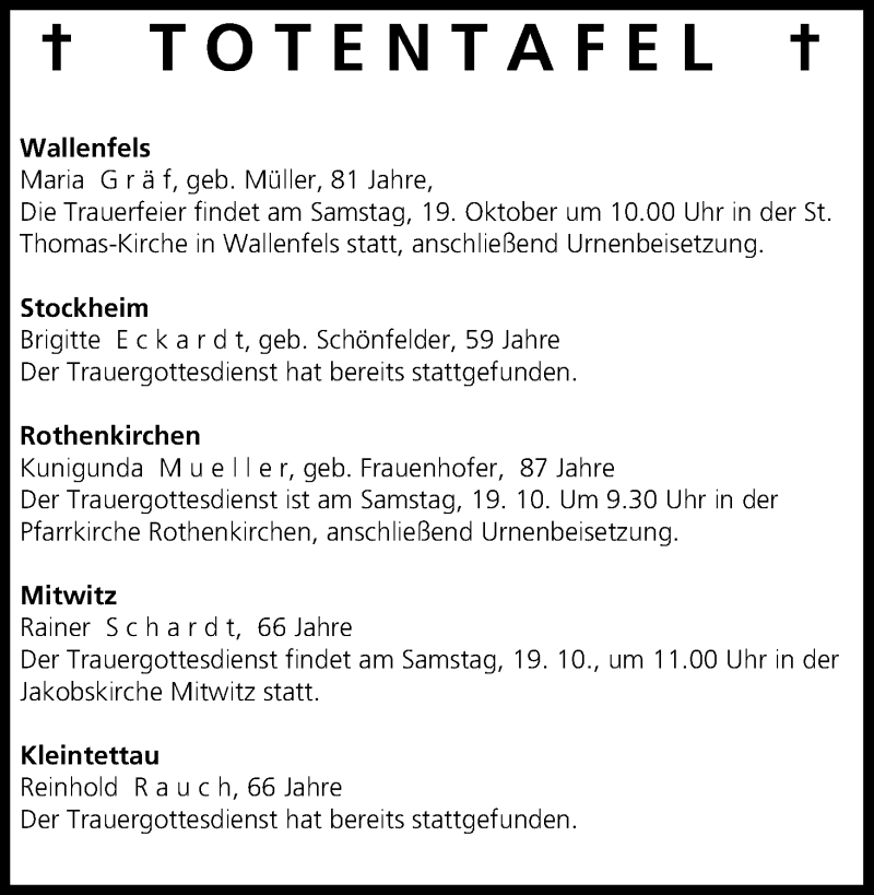  Traueranzeige für Totentafel vom 19.10.2013 vom 19.10.2013 aus MGO