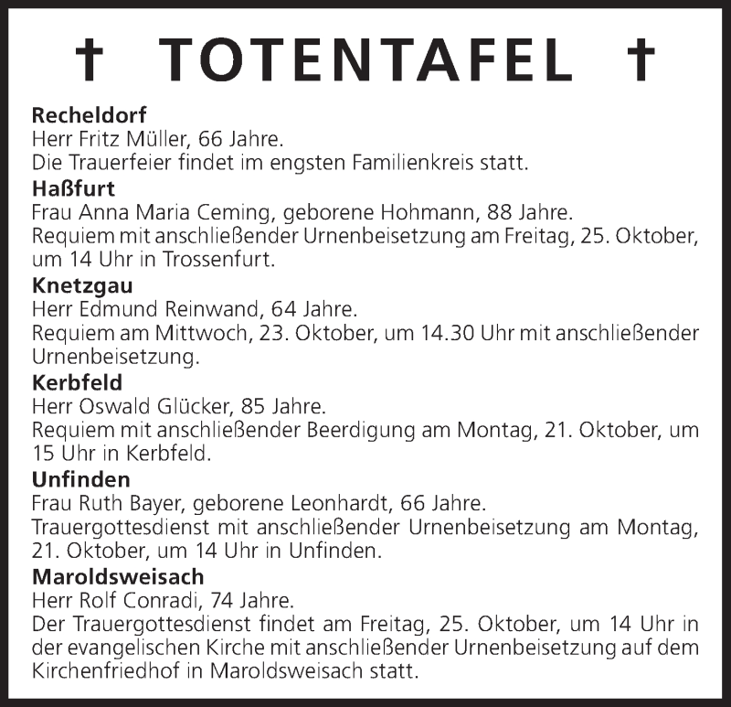  Traueranzeige für Totentafel vom 21.10.2013 vom 21.10.2013 aus MGO