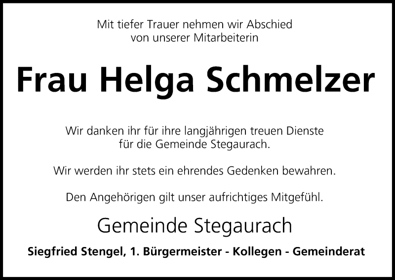  Traueranzeige für Helga Schmelzer vom 19.10.2013 aus MGO