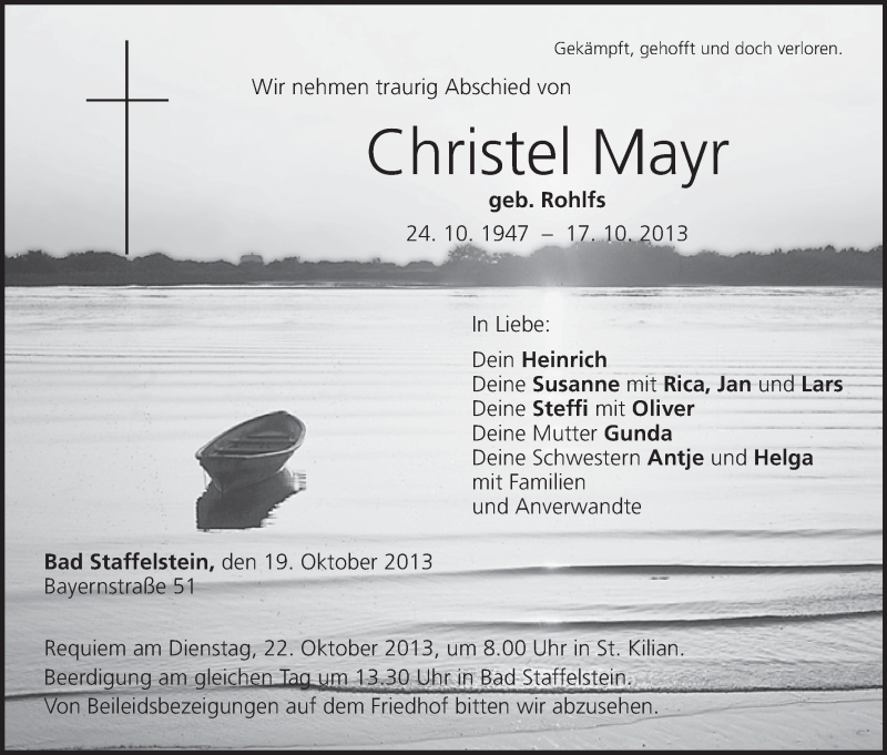  Traueranzeige für Christel Mayr vom 19.10.2013 aus MGO