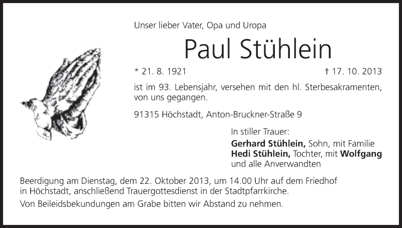  Traueranzeige für Paul Stühlein vom 19.10.2013 aus MGO