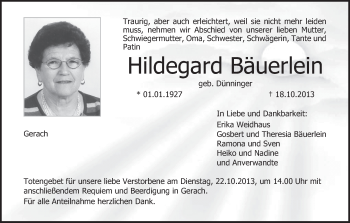 Anzeige von Hildegard Bäuerlein von MGO