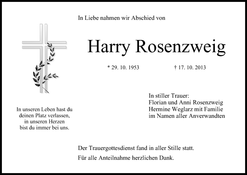  Traueranzeige für Harry Rosenzweig vom 23.10.2013 aus MGO