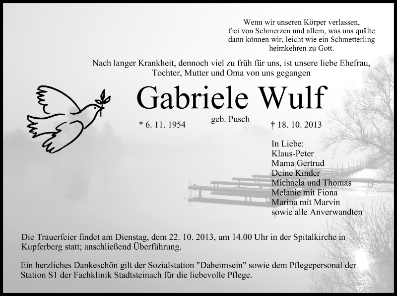  Traueranzeige für Gabriele Wulf vom 21.10.2013 aus MGO
