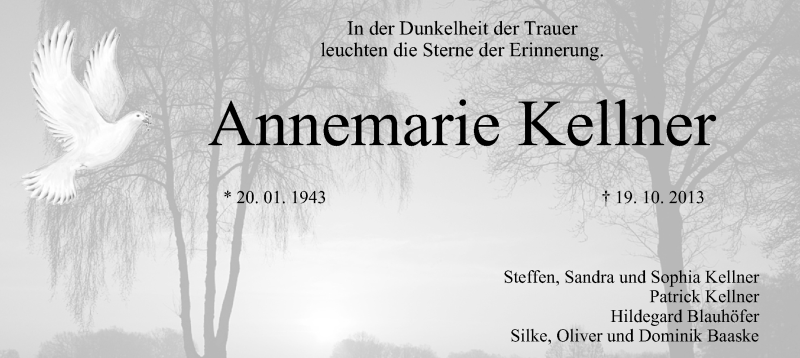  Traueranzeige für Annemarie Kellner vom 21.10.2013 aus MGO