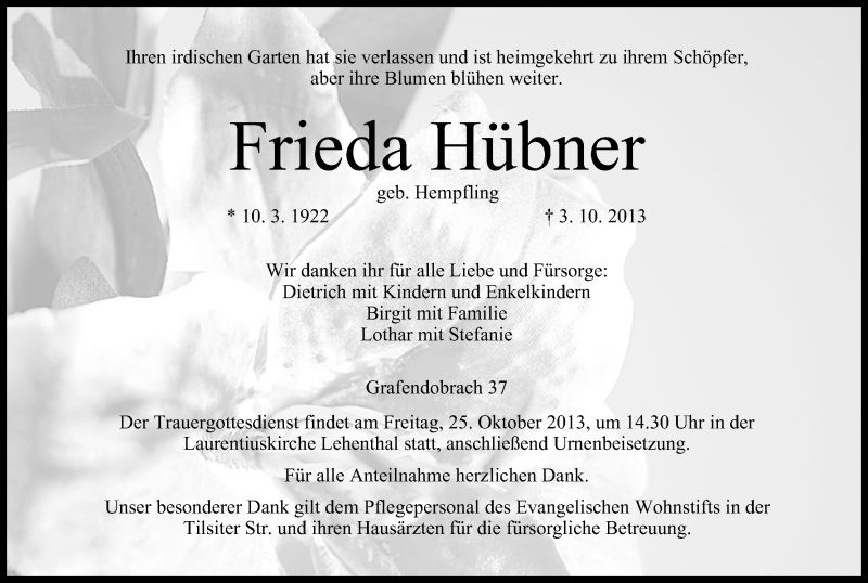  Traueranzeige für Frieda Hübner vom 23.10.2013 aus MGO