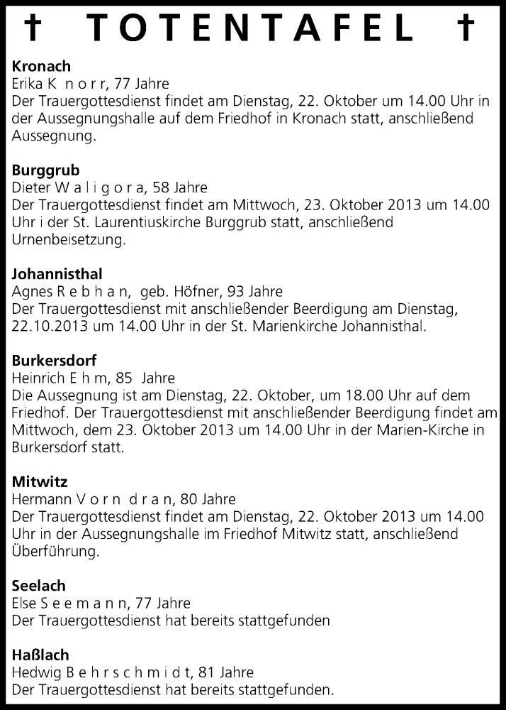  Traueranzeige für Totentafel vom 22.10.2013 vom 22.10.2013 aus MGO