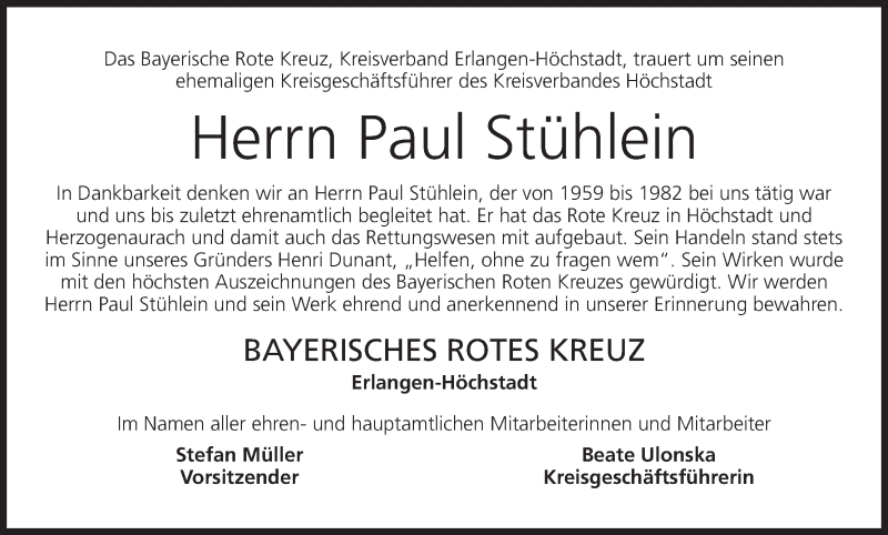  Traueranzeige für Paul Stühlein vom 22.10.2013 aus MGO