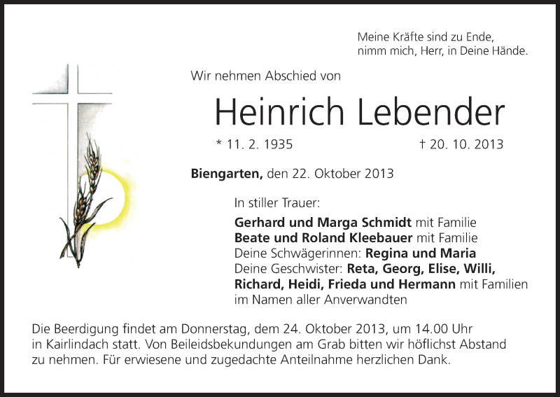  Traueranzeige für Heinrich Lebender vom 22.10.2013 aus MGO