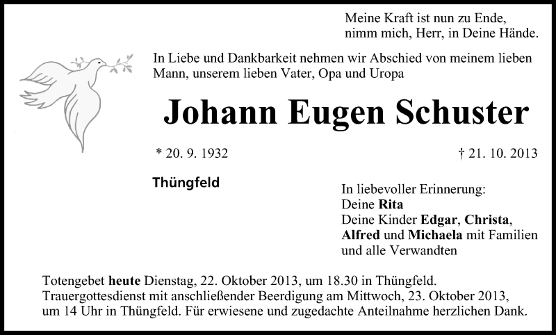  Traueranzeige für Johann Eugen Schuster vom 22.10.2013 aus MGO