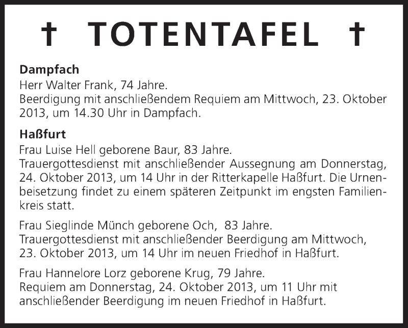  Traueranzeige für Totentafel vom 23.10.2013 vom 23.10.2013 aus MGO