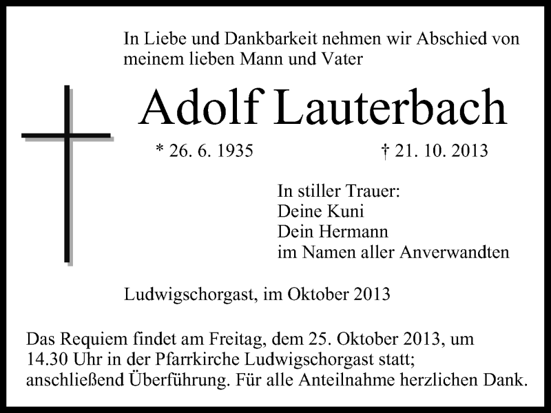  Traueranzeige für Adolf Lauterbach vom 23.10.2013 aus MGO