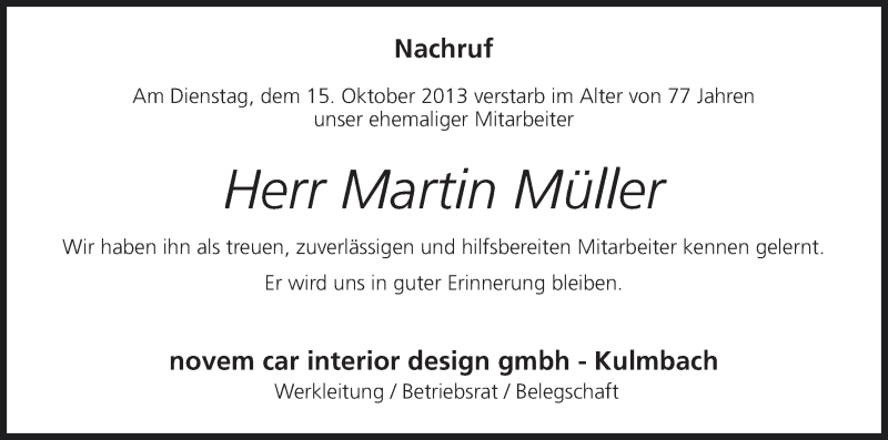  Traueranzeige für Martin Müller vom 23.10.2013 aus MGO