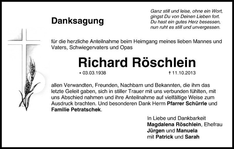  Traueranzeige für Richard Röschlein vom 23.10.2013 aus MGO