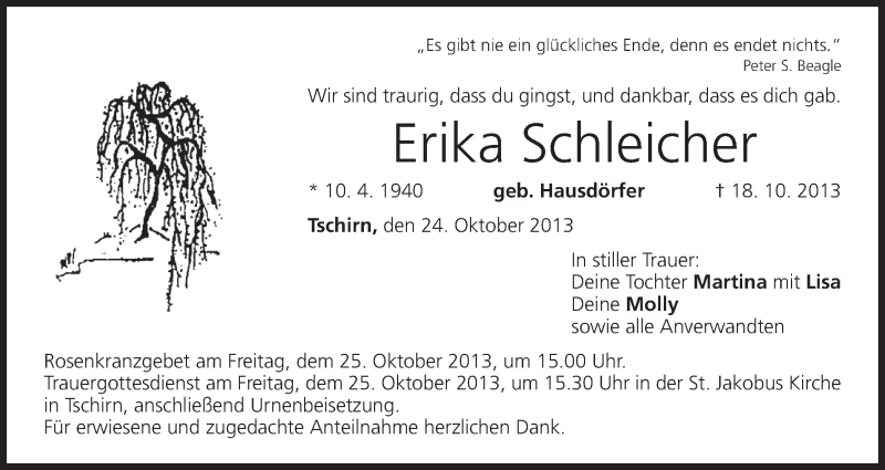  Traueranzeige für Erika Schleicher vom 24.10.2013 aus MGO