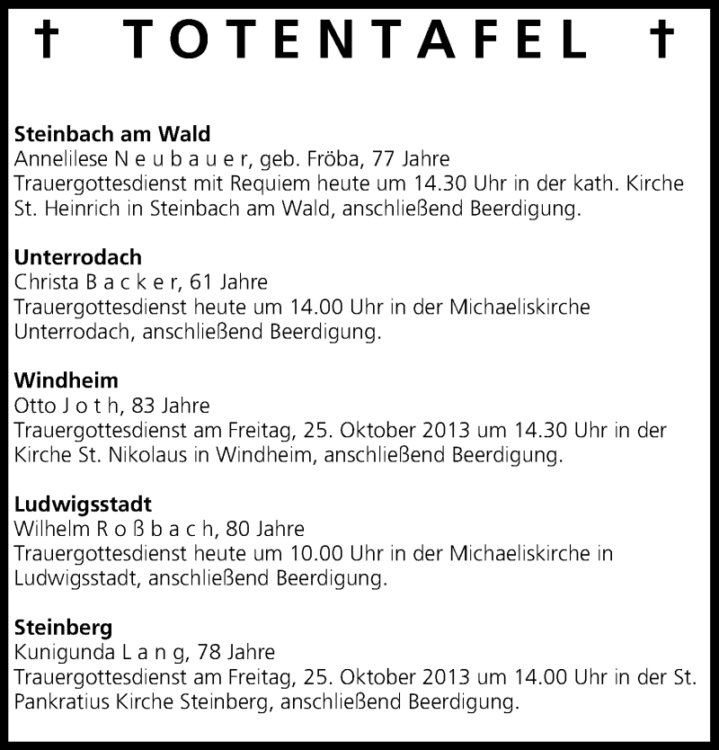  Traueranzeige für Totentafel vom 24.10.2013 vom 24.10.2013 aus MGO