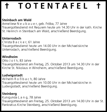 Anzeige von Totentafel vom 24.10.2013 von MGO