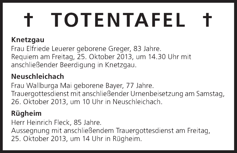  Traueranzeige für Totentafel vom 24.10.2013 vom 24.10.2013 aus MGO