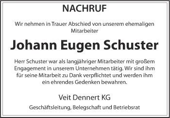 Anzeige von Johann Eugen Schuster von MGO