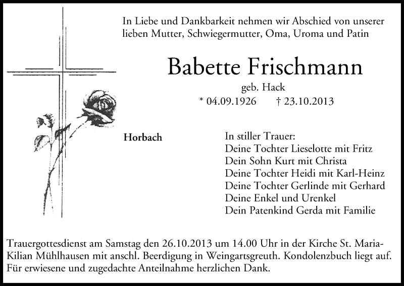  Traueranzeige für Babette Frischmann vom 25.10.2013 aus MGO