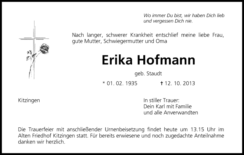  Traueranzeige für Erika Hofmann vom 28.10.2013 aus MGO