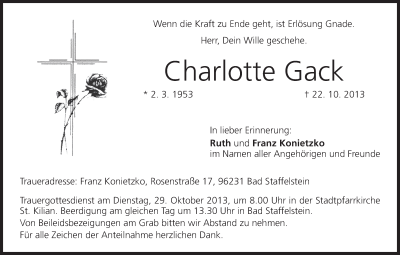  Traueranzeige für Charlotte Gack vom 26.10.2013 aus MGO