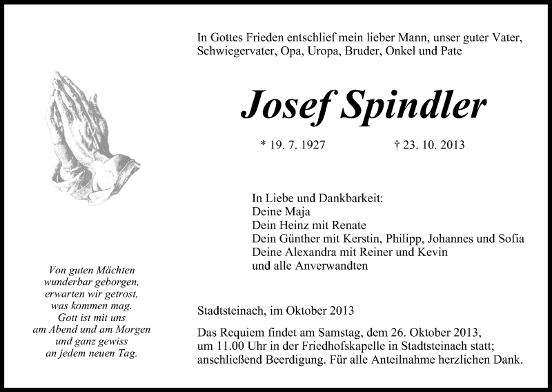  Traueranzeige für Josef Spindler vom 25.10.2013 aus MGO
