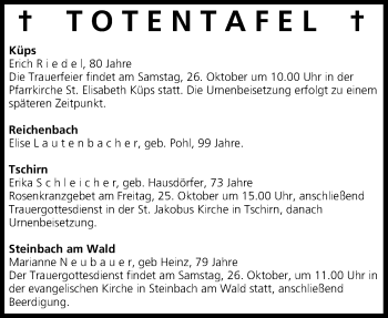 Anzeige von Totentafel vom 25.10.2013 von MGO