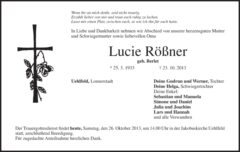  Traueranzeige für Lucie Rößner vom 26.10.2013 aus MGO