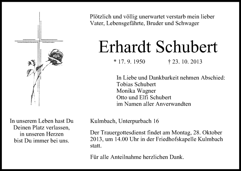  Traueranzeige für Erhardt Schubert vom 26.10.2013 aus MGO