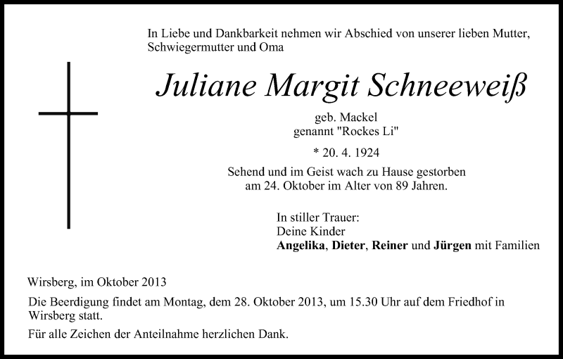  Traueranzeige für Juliane Margit Schneeweiß vom 26.10.2013 aus MGO
