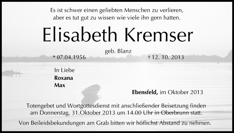  Traueranzeige für Elisabeth Kremser vom 26.10.2013 aus MGO
