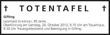 Anzeige von Totentafel vom 26.10.2013 von MGO