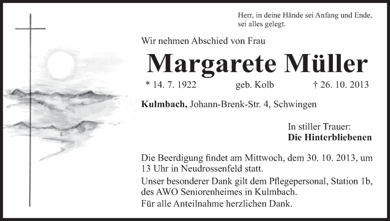  Traueranzeige für Margarete Müller vom 28.10.2013 aus MGO