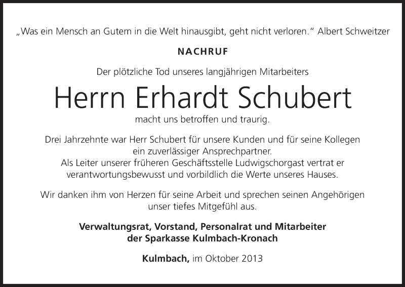  Traueranzeige für Erhardt Schubert vom 28.10.2013 aus MGO