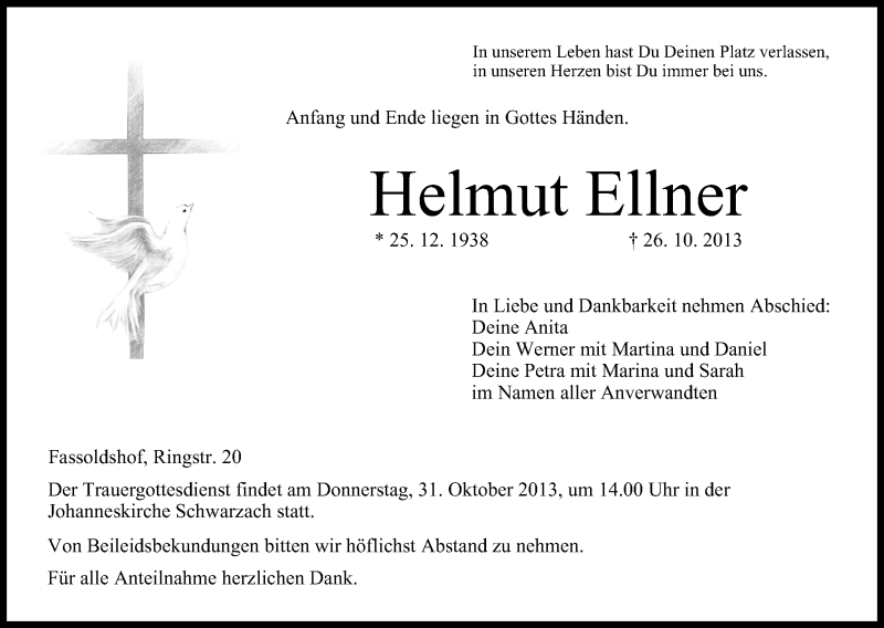  Traueranzeige für Helmut Ellner vom 29.10.2013 aus MGO